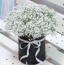 Цветочная композиция из Гипсофила в шляпной коробке в Черниговке